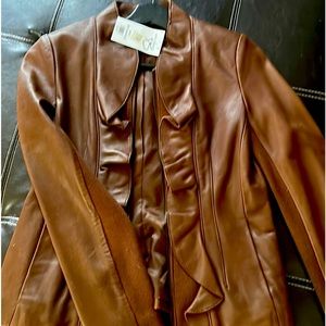 XS Tahari Brown Buttery Leather Jacket with Sweater Inserts on Arms